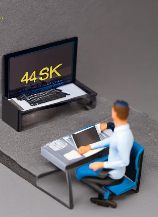 Image similar to 80mm resin detailed miniature of man sitting at his computer, angry, Product Introduction Photos, 4K, Full body,