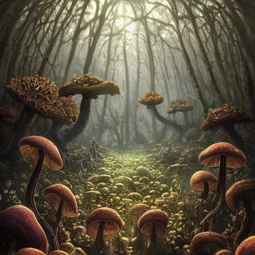 Prompt: a beautiful hyper realistic detailed concept art of a fractal eldritch and creepy mushroom forest with morels at foreground and amanitas and puffballs and psilocybes and spores on several floors by andreas rocha and john howe and dan mumford and albert bierstadt, nausicaa, ultrawide angle, artstation, pinterest