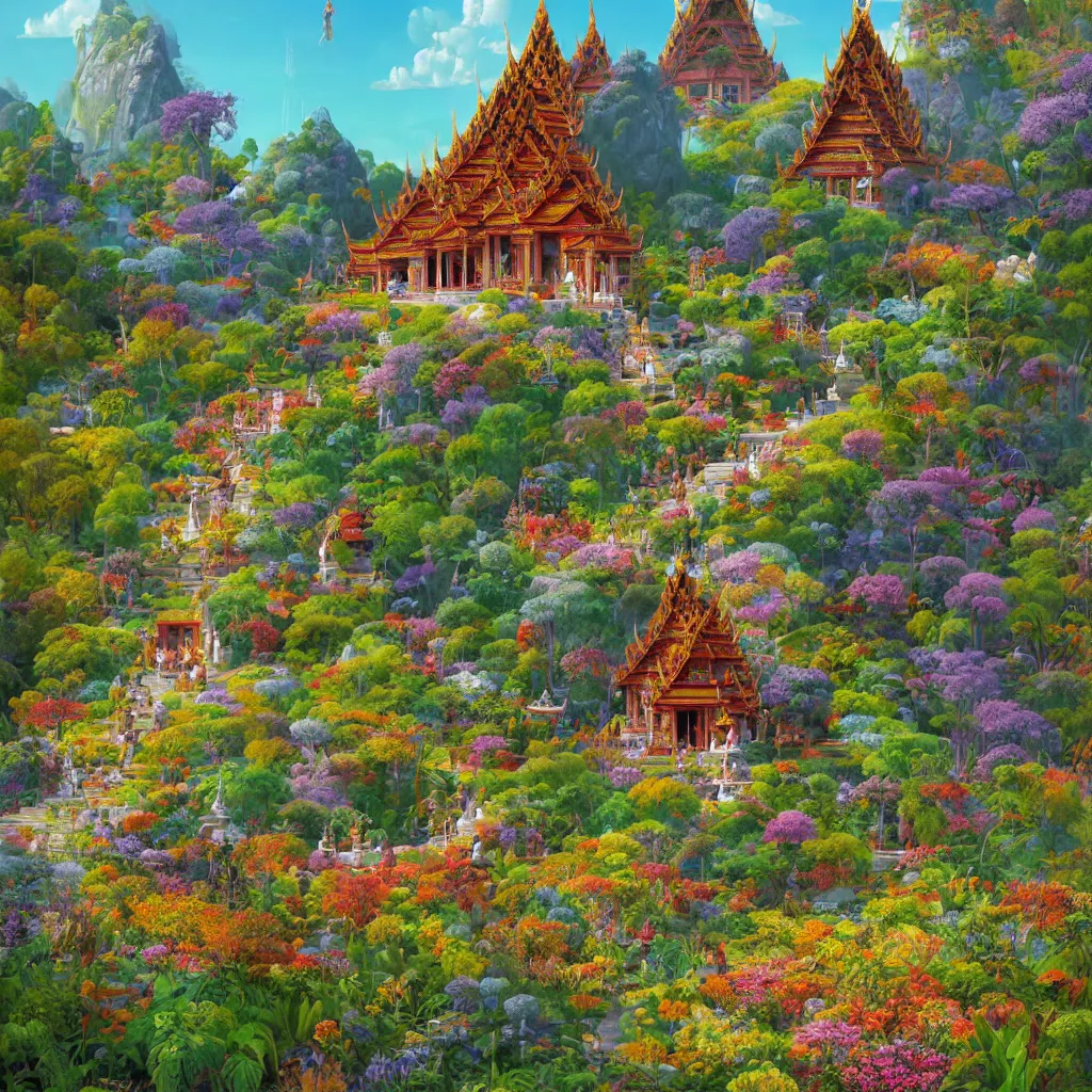 Image similar to summer morning, thai temple, rolling mountain, very coherent and colorful high contrast, art by gediminas pranckevicius, geof darrow, franz sedlacek, dark shadows, hard lighting, flowers garden