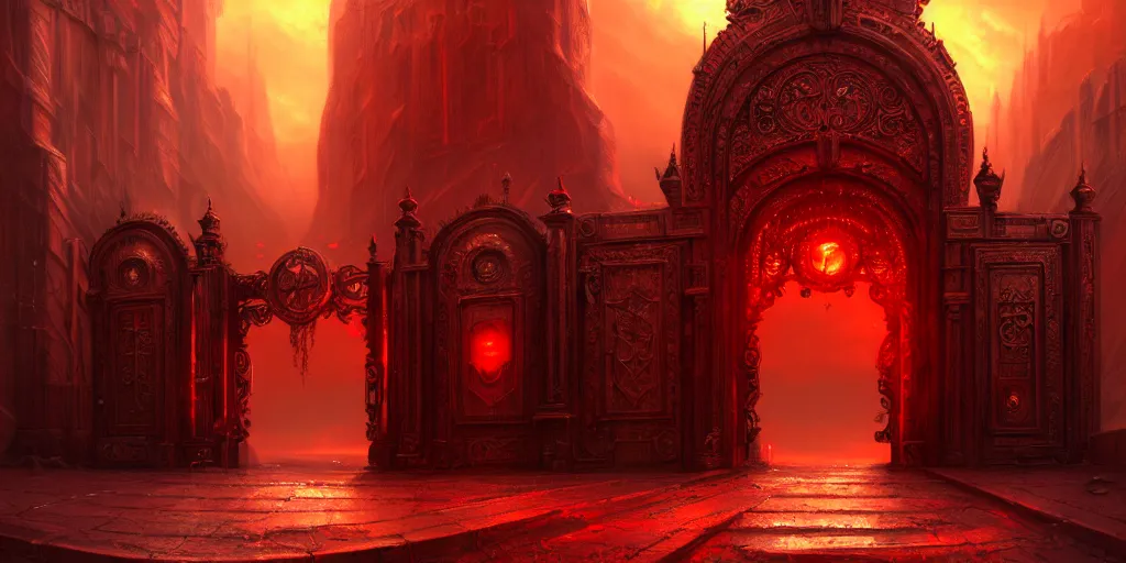 Prompt: huge gate, environment, illustration, red, colors, epic scene, symmetrical, golden raito, high quality, intricate details, details, intricate, atmosphere, highly detailed, matte painting, cinematic, deviantart, realistic, concept art, 4 k