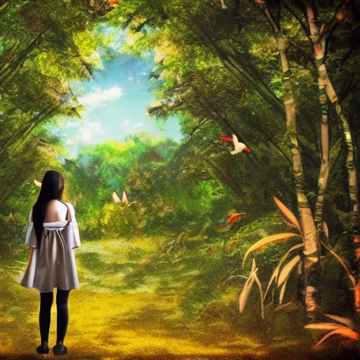 Prompt: Art Anime Girl At A Beautiful Forest With Birds