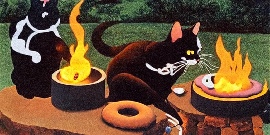 Image similar to a cat cooking a donut in a fire pit in the style of salvador dali