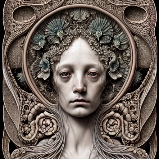 Image similar to detailed realistic beautiful calaveras goddess portrait by jean delville, gustave dore, iris van herpen and marco mazzoni, art forms of nature by ernst haeckel, art nouveau, symbolist, visionary, gothic, neo - gothic, pre - raphaelite, fractal lace, intricate alien botanicals, biodiversity, surreality, hyperdetailed ultrasharp octane render