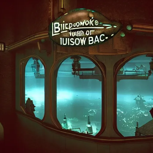 Image similar to In the world of rapture from the world of bioshock you are in a bar, there is a window that lets you see the whole city underwater and you are drinking a rum and coke