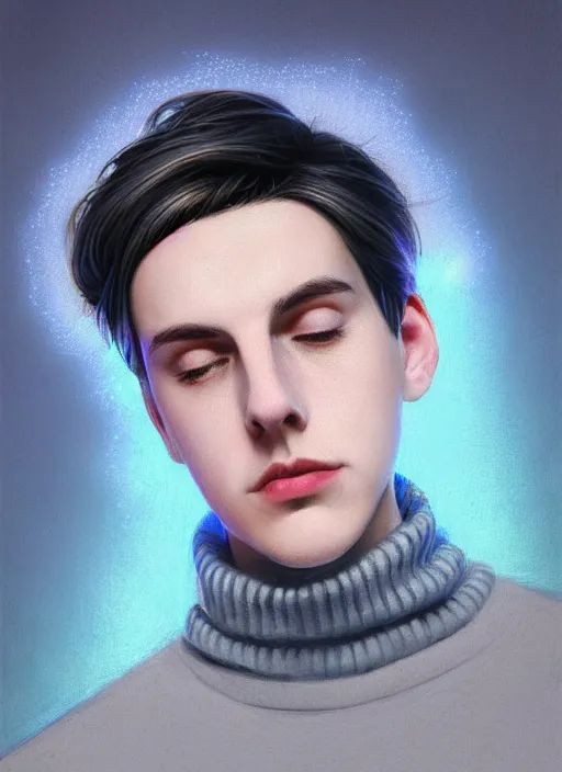 Image similar to portrait of teenage jughead jones wearing a light grey crown, crown, blue turtleneck, 1 9 5 0 s, closed eyes, photorealistic, black hair, glowing lighting, intricate, elegant, glowing lights, highly detailed, digital painting, artstation, concept art, smooth, sharp focus, illustration, art by wlop, mars ravelo and greg rutkowski