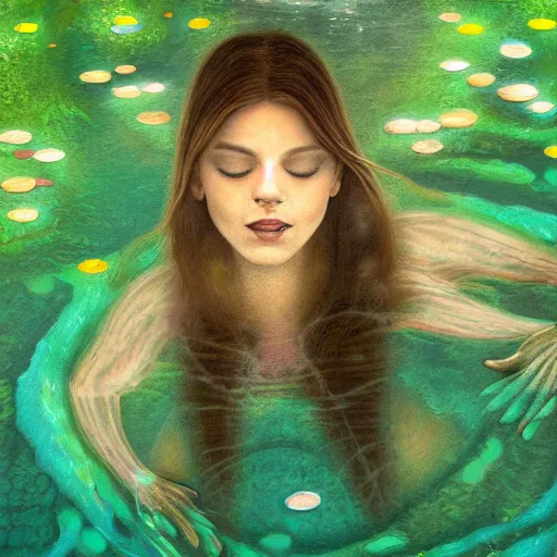 Prompt: A woman submerged underwater, you can only see her face from an aerial view with lily pads surrounding her as her hand reaches out to you, artistic digital art, very opaque, gloomy style, oil paints and pastel highlights, trending on artstation, artstationHD, artstationHQ, 4k, 8k