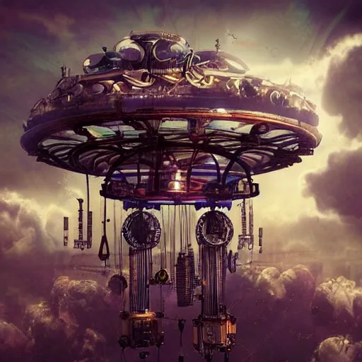 Prompt: flying city in a mechanical flower, sky, steampunk!, fantasy art, steampunk, masterpiece, octane