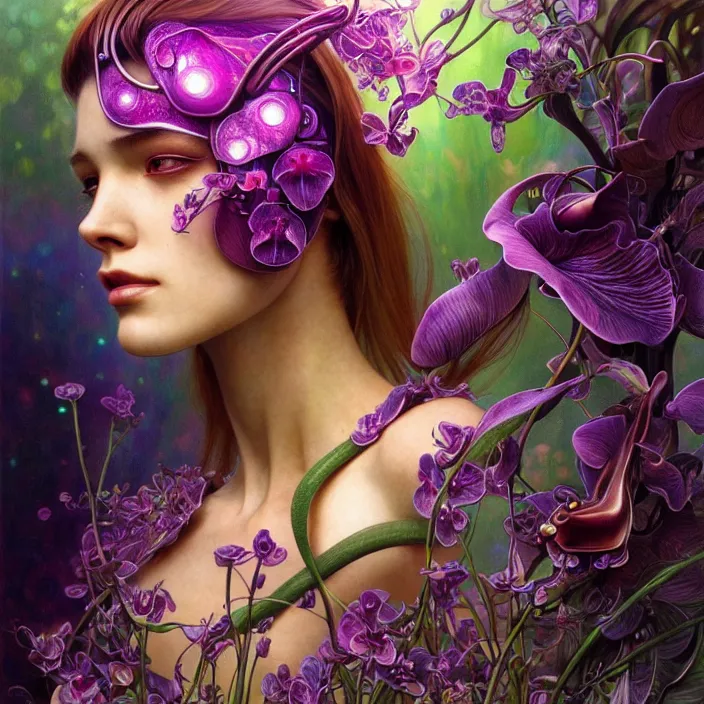 Image similar to psychedelic organic cyborg, saturated orchid, dew drops, diffuse lighting, fantasy, intricate, elegant, highly detailed, lifelike, photorealistic, digital painting, artstation, illustration, concept art, smooth, sharp focus, art by John Collier and Albert Aublet and Krenz Cushart and Artem Demura and Alphonse Mucha