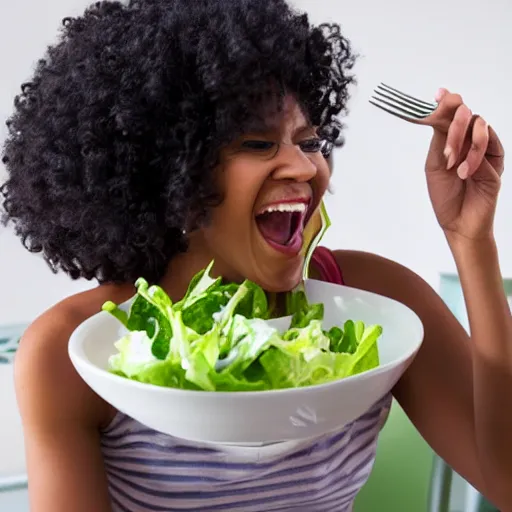 Prompt: Stock photo of woman eating salad with fork and laughing