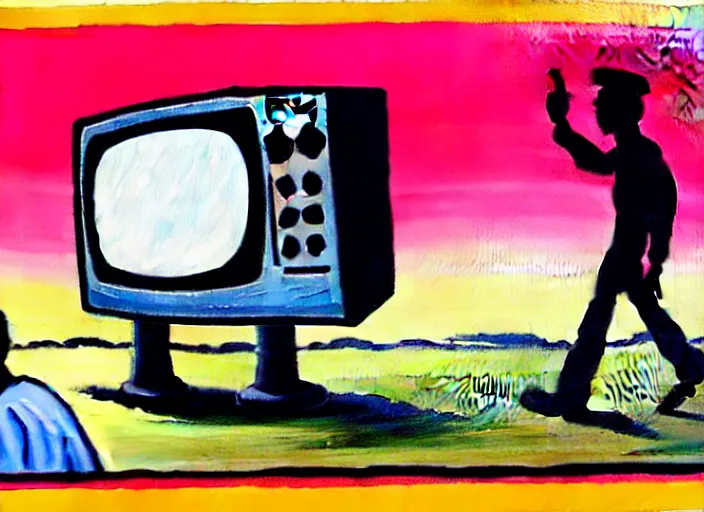 Prompt: a painting of a crt television broadcasting propaganda, lots of people walking with an eye as their head, there is one normal person, a young man, he looks tall and strong but he is frightened about what is going on around him, a boot comes from the sky to stamp on people. s 1 5 0