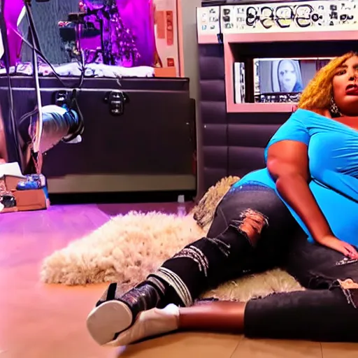 Prompt: local news broadcast of lizzo lying on the floor during a live broadcast