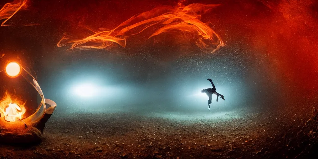 Image similar to underwater fisheye slow motion with trail fire effect of futuristic break dancer wearing long dark cloak and golden helmet emitting magic dust and fire, long exposure shot , enigmatic, at night underwater in the middle of the arctic with red light A letter, paddle of water, steam, fog, water splashes, rim lights, glossy reflections, water droplets on lens, octane render, Volumetric dynamic lighting, stunning cover magazine, high details, hajime sorayama