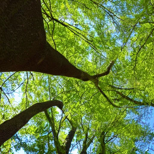 Image similar to looking up into the tree canopy seeing the blue sky