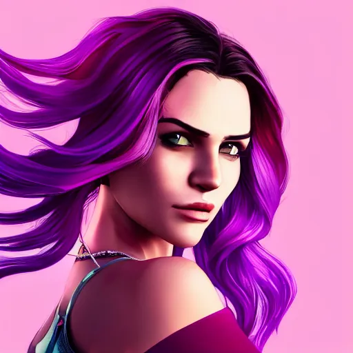Image similar to a stunning GTA V loading screen with a beautiful woman with ombre hairstyle in purple and pink blowing in the wind, city streets, golden ratio, digital art, trending on artstation
