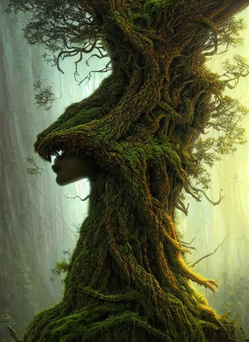 Image similar to Portrait of an Ancient Robot with a tree growing out of its head, patches of moss, translucent leaves, extremly detailed digital painting, in the style of Tomasz Alen Kopera and Fenghua Zhong and Peter Mohrbacher, mystical colors, rim light, beautiful lighting, 8k, stunning scene, raytracing, octane, trending on artstation