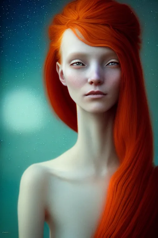 Image similar to Bioluminescent, portrait of redhead woman, very intricate , very elegant, in the golden hour by Daniel Merriam, Trending on Artstation, oil on Canvas by Elena Zhurikhina and Goro Fujita and Charlie Bowater, octane render, 4k, 8k, HD