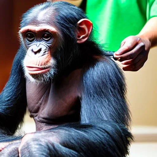 Prompt: chimpanzee getting a haircut at the barber, realistic, cute, photogenic, well lit