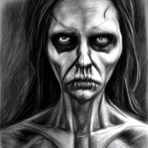 Image similar to disturbing portrait of a real demon, concept art, charcoal drawing, highly detailed