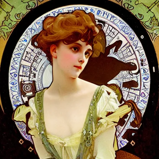 Image similar to young victorian lady in ball gown, painted by alphonse mucha