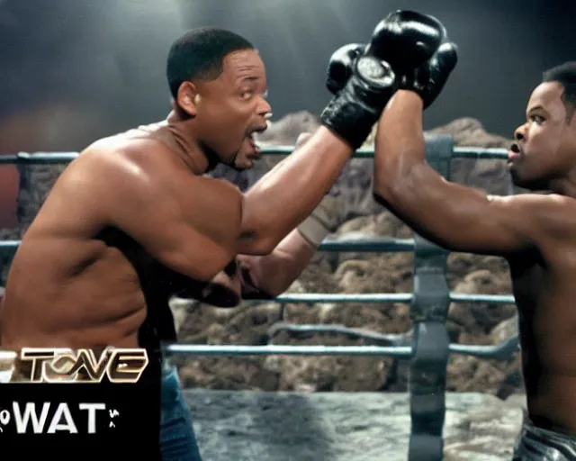 Image similar to will smith fighting with chris rock at toxic waste lake deathbattle 4k