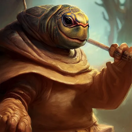 Image similar to the cutest wise sage turtle holding a staff, wearing a cloak, beautiful, subsurface scattering, by jesper ejsing, justin gerard, tomasz alen kopera, cgsociety and fenghua zhong, highly detailed, rim light, cinematic lighting, illustration, art, octane render, very coherent, cinematic, hyper realism, high detail, octane render, 8 k