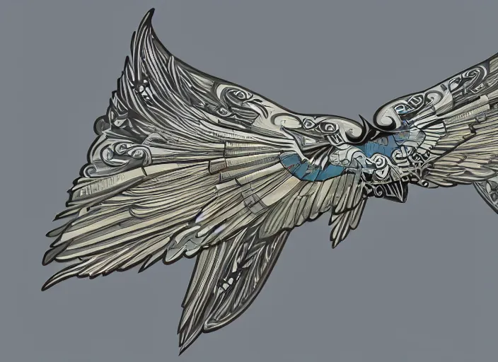 Prompt: concept art of a modern jugendstil jet plane with ornate birdlike wings with art deco patterns flying over a macedonia, dieselpunk, high fantasy