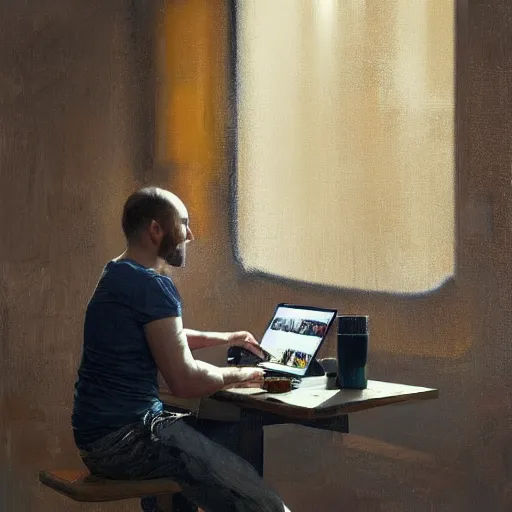 Image similar to a realistic hyperdetailed digital oil full body portrait painting of a man playing on a computer, sitting at a restaurant, beer in hand, in the style of guy denning, ruan jia, and craig mullins. trending on artstation and deviantart. cgsociety digital art.