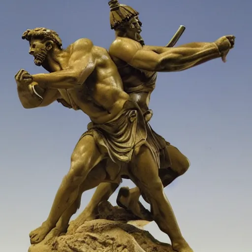 Prompt: greek warriors fighting against cqpybara, ancient greek statue, epic, detailled