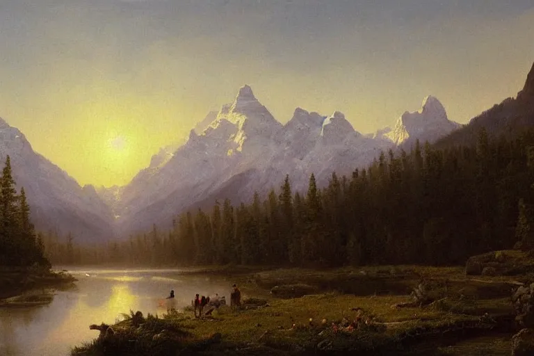 Image similar to an epic landscape painting of the three sisters mountains in canada, with snow on its peak, at sunrise in springtime, with the bow river in the foreground, painted by x, atmospheric, volumetric lighting, rolling fog, breathtaking, highly detailed, painted by albert bierstadt