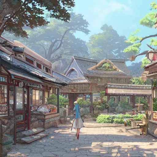 Prompt: concept art painting of a historic bakery with european and japanese architecture, in a woodland village surrounded by trees and mountains, realistic, detailed, cel shaded, in the style of makoto shinkai and greg rutkowski and james gurney