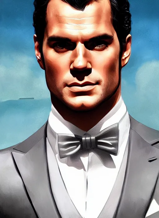 Image similar to portrait of henry cavill as james bond, casino, rain, key art, highly detailed, digital painting, artstation, concept art, cinematic lighting, sharp focus, illustration, art by artgerm and greg rutkowski and alphonse mucha