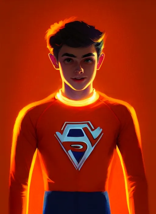 Image similar to teenage archie andrews wearing an orange superhero costume, intricate, elegant, glowing lights, highly detailed, digital painting, artstation, sharp focus, illustration, art by wlop, mars ravelo and greg rutkowski