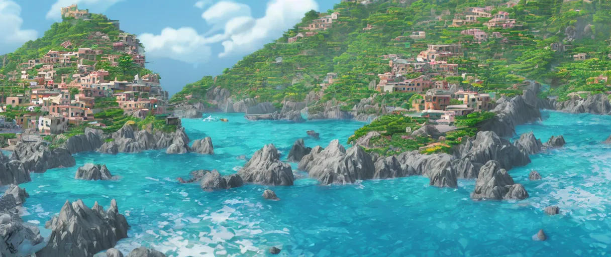 Prompt: pixar 3D render, by studio ghibli, (french bande dessinée), solarpunk, year 1244, fantasy setting, jrpg, mediterranean landscape, quaint old village, cinq terre, highly detailed, luminous, white rock, bright beautiful teal sky and sea, very sunny, light radiosity, concept art