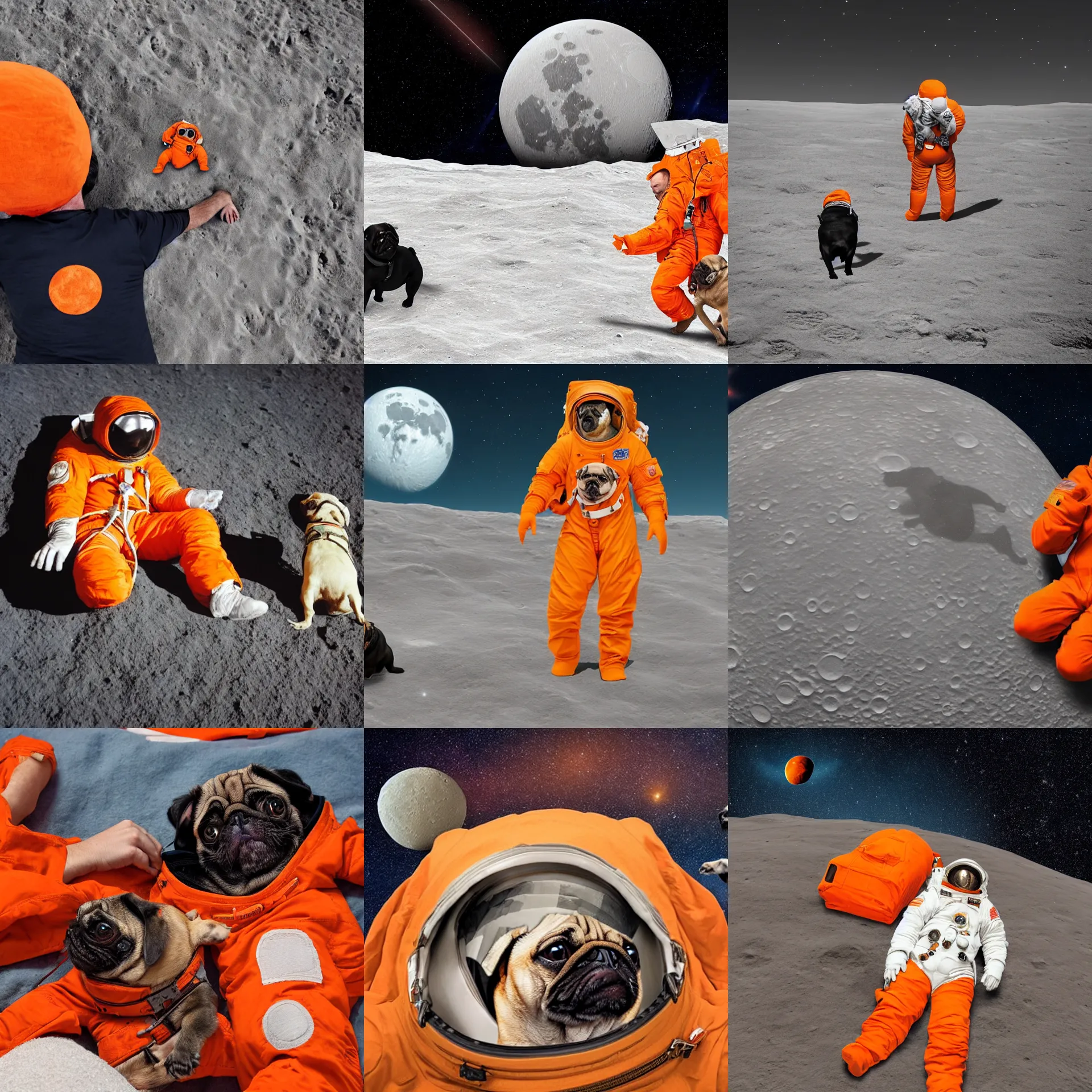 Prompt: a man and his Pug dog wearing an orange astronaut suit lying on the moon's surface, looking at the stars