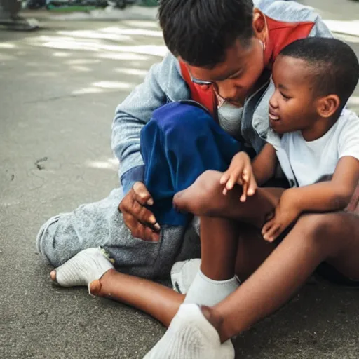 Image similar to a kid healing a mans wound, the man is sitting on a wooden chair