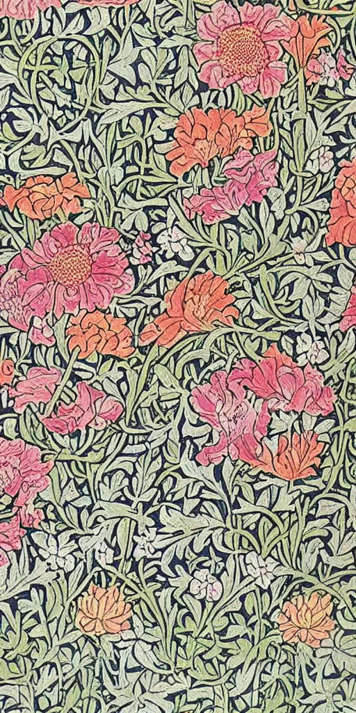 Image similar to spring flowers, happy, beautiful, style of william morris print