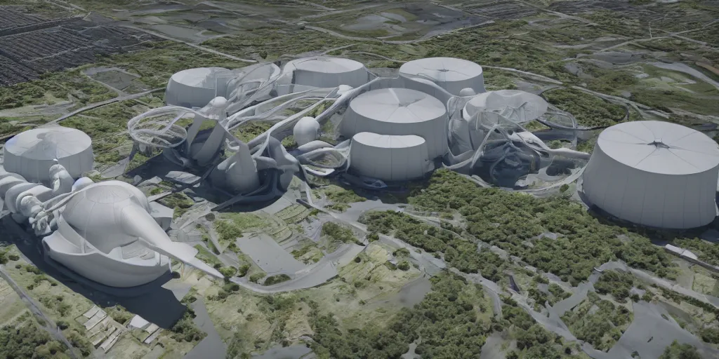 Prompt: aerial view of a renewable futuristic powerplant designed by Jorn Utzon, epic shot, masterpiece, highly detailed, 8k cinematic, unreal engine, global illumination