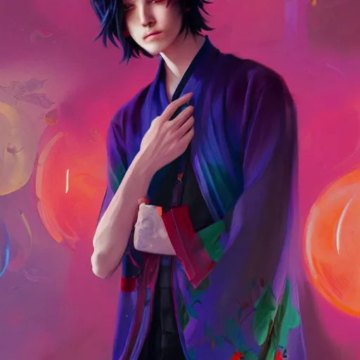 Image similar to colorful and festive captivating teenager boy with straight indigo hair, purple eyes with red eye markers, slim body, wearing a detailed japanese kimono. rich vivid colors, ambient lighting, dynamic lighting, 4 k, atmospheric lighting, painted, intricate, highly detailed by charlie bowater