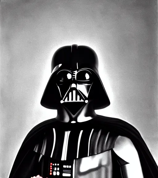 Image similar to black-and-white portrait of Darth Vader by H. R. Giger; extraordinary-masterpiece; realistic-lighting