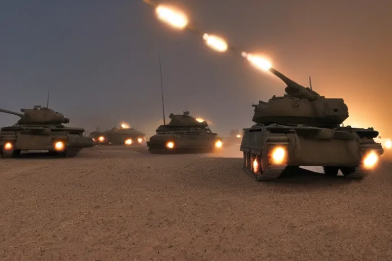 Image similar to battlefield at night, flares light up tanks moving across a desert