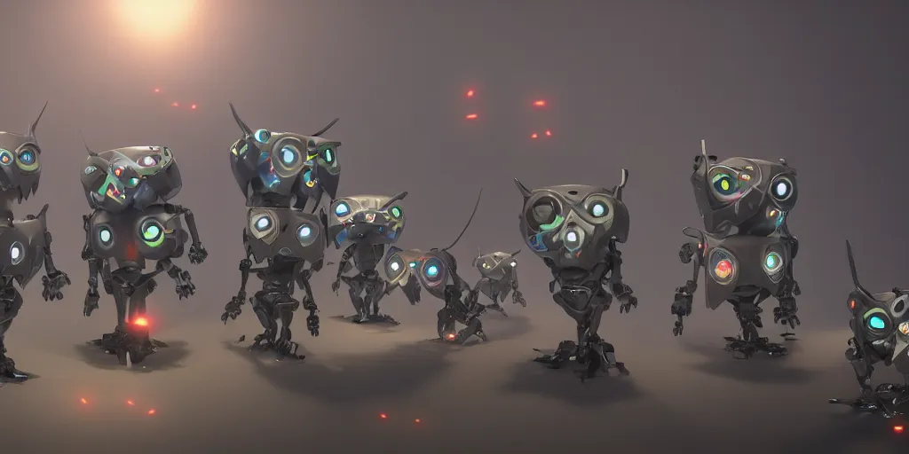 Prompt: an army of evil, malevolent, robot mechincal owls using computers. this 4 k hd image is trending on artstation, featured on behance, well - rendered, extra crisp, features intricate detail and the style of unreal engine. volumetric lighting