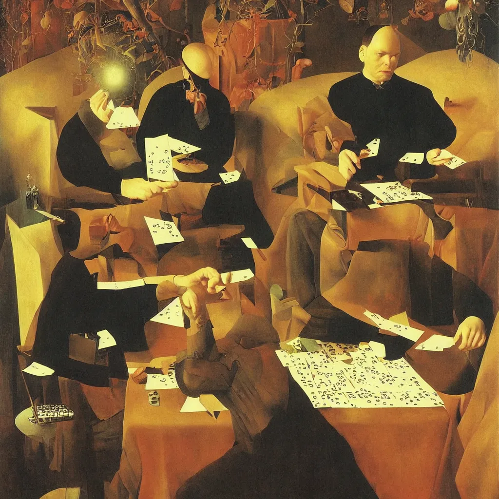 Image similar to Portrait of BILLY CORGAN PLAying DOMINOES. Painting by Jan van Eyck, Audubon, Rene Magritte, Agnes Pelton, Max Ernst, Walton Ford