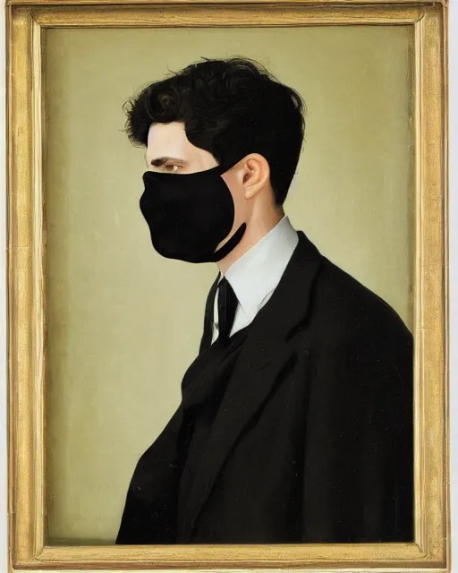 Image similar to portrait of young man wearing black medical mask, suit and tie, style of james c. christensen