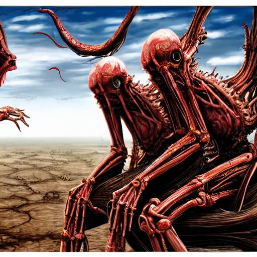 Image similar to conjoined demon twins sitting legs crossed in a desert hellscape covered in gore by Yoshitaka Amano, by HR Giger, biomechanical, 4k, hyper detailed, hyperrealism, anime, a Broken World demons flying overhead, red sky, blood and body parts, deviantart, artstation