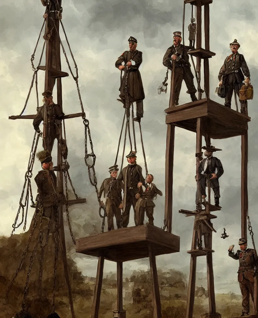 Image similar to 2 soldiers and executor and a convict standing next to a halifax gibbet on a raise platform, villagers looking on from below, concept art,