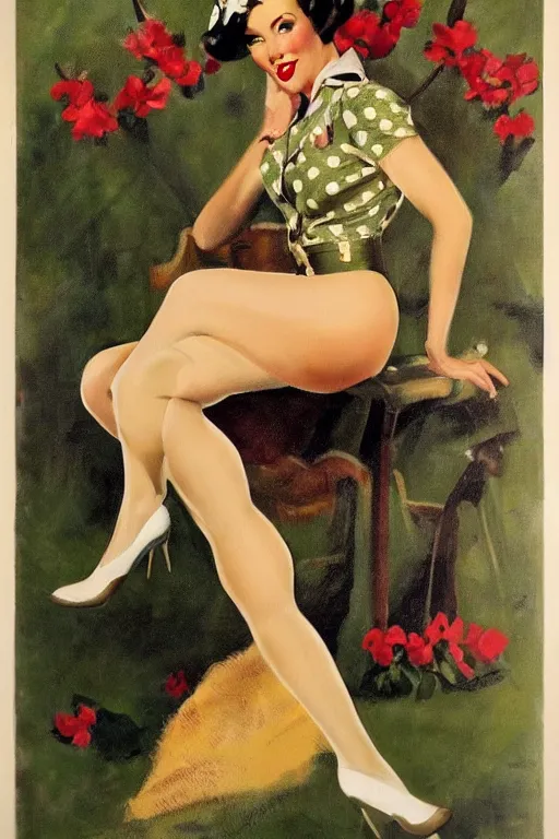 Image similar to a portrait one full body pin up post war dressing a military unioform,garden backgound Gil Elvgren style,center composition,anatomic correct