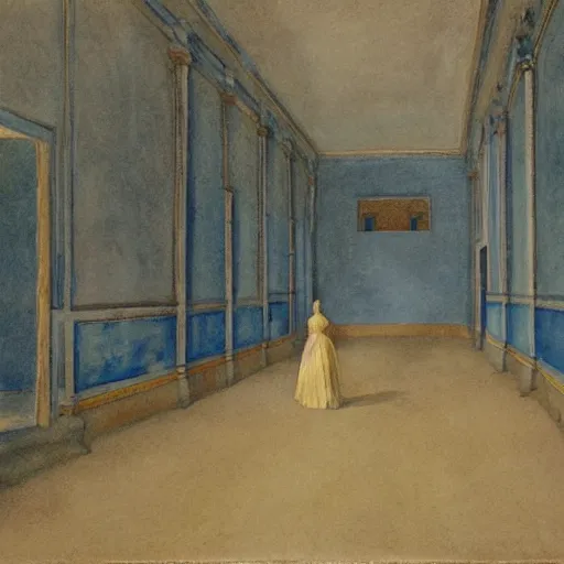 Prompt: procession in a blue and gold haunted liminal abandoned temple, watercolor by gottfried helnwein, by hammershøi, art noveau, highly detailed, lights by edward hopper, liminal, eerie, bright pastel colors