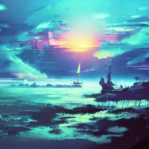 Image similar to disco diffusion painting of a pirates landscape by makoto shinkai, masterpiece, contest award winner