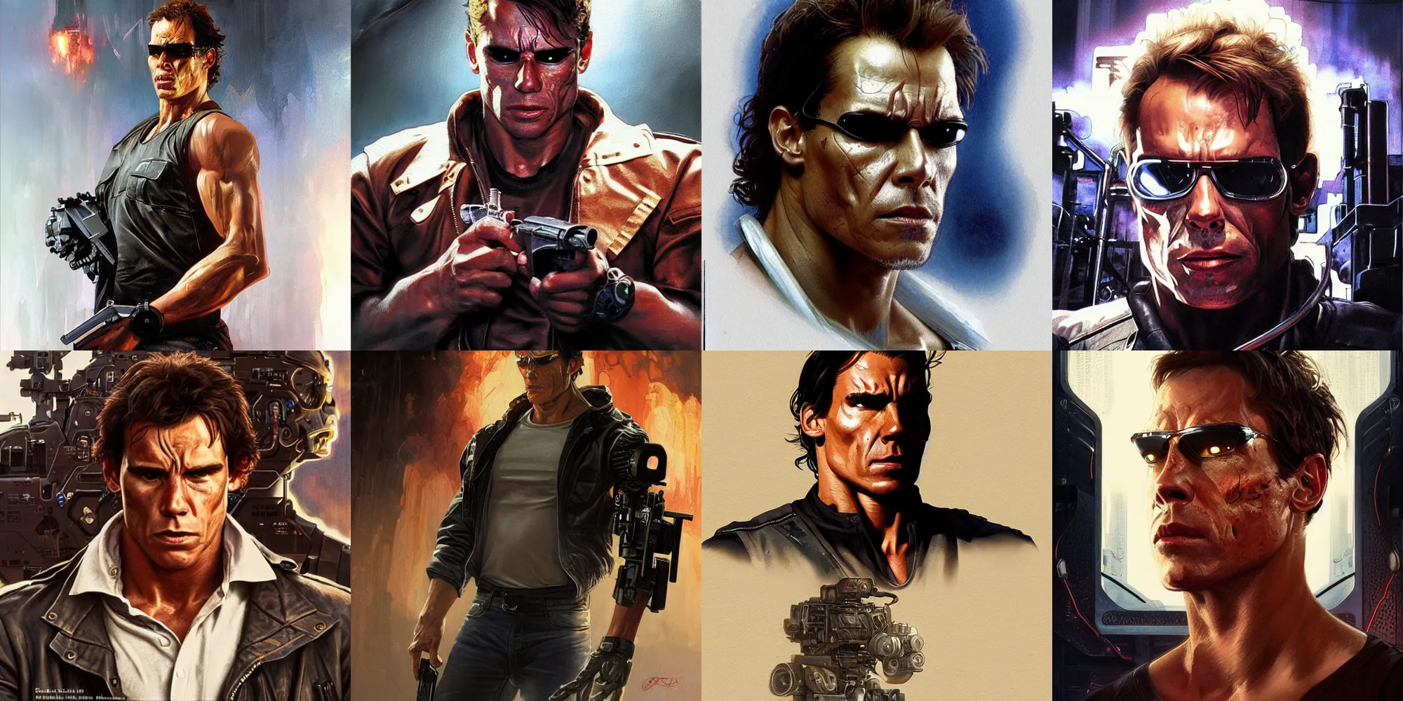 Prompt: The character of the Terminator film Rafael Nadal, a highly detailed character in digital fantasy, painted portrait, artstation, concept art, hard focus, illustrations, works by Artgerm and Greg Rutkowski, Alphonse Mucha and Craig Mullins, James Jean, Andrey Ryabovichev, Mark Simonetti and Peter Morbacher, 16 thousand