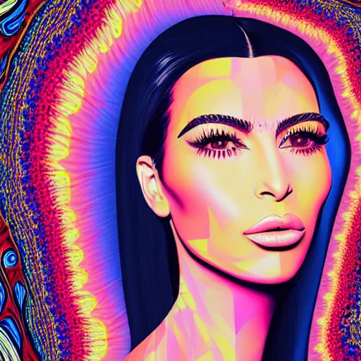 Image similar to an extremely psychedelic portrait of kim kardashian, surreal, lsd, face, detailed, intricate, elegant, lithe, highly detailed, digital oth, sharp focus, illustration,